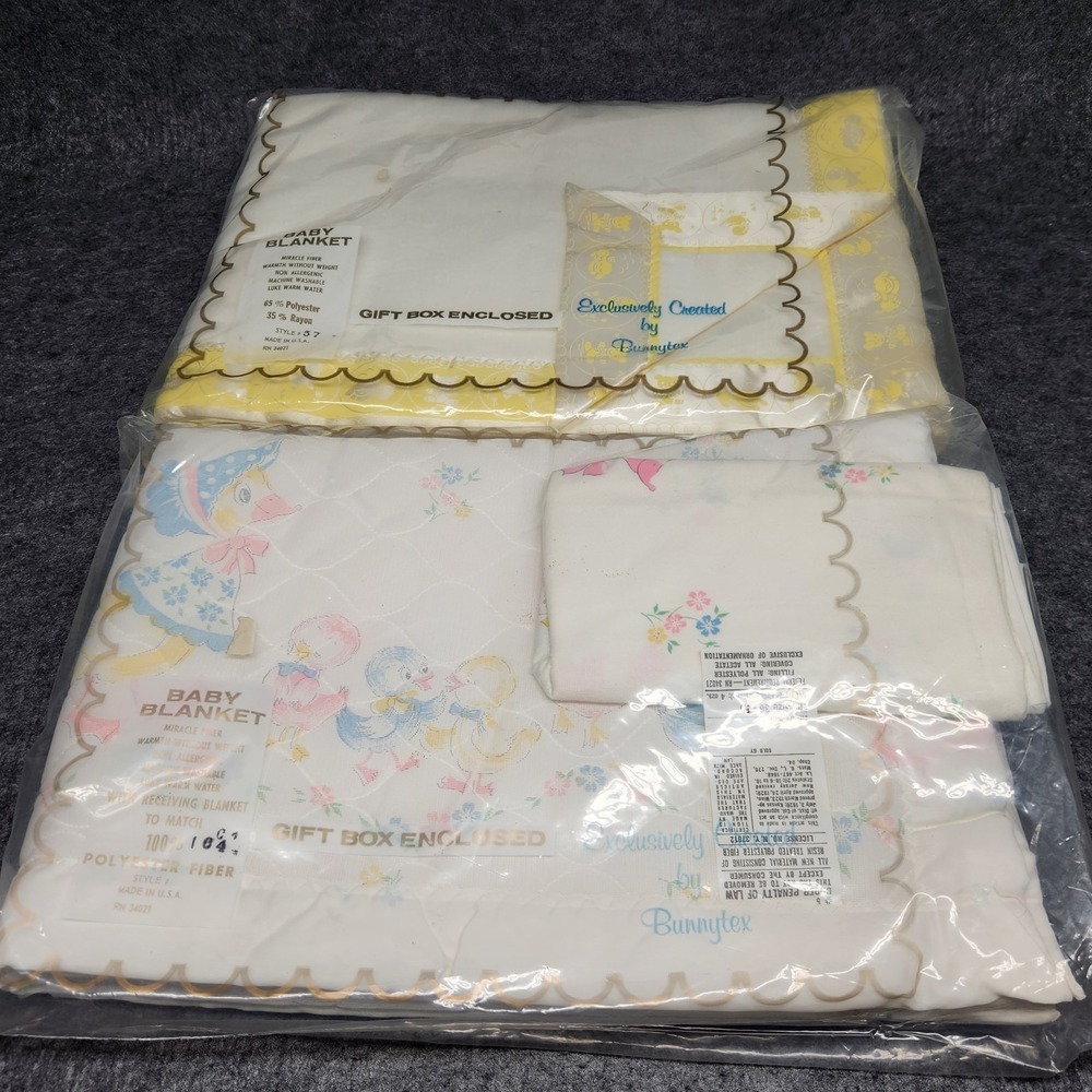 Vintage Bunnytex Baby Infant Blanket Miracle Fiber Satin Trim NOS Lot of 2